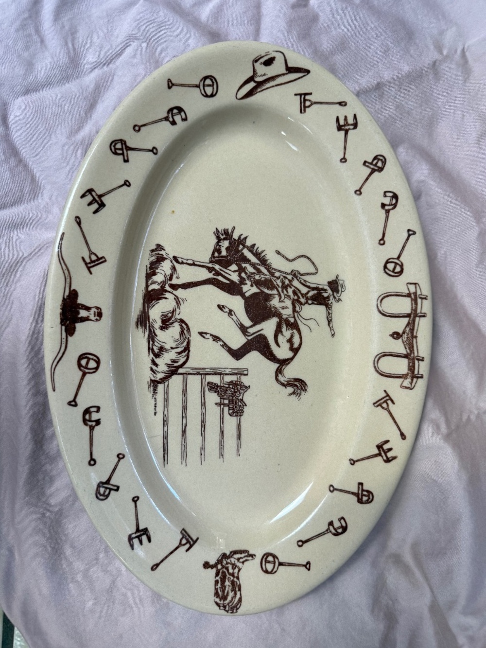 Vintage Blue Ridge Southern Potteries Western Cowboy Oval Platter 14"